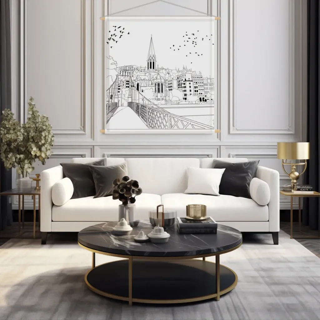TABLEAU EN SERGÉ DE SOIE SUSPENDUE - VILLE DE LYON NOIR&BLANC