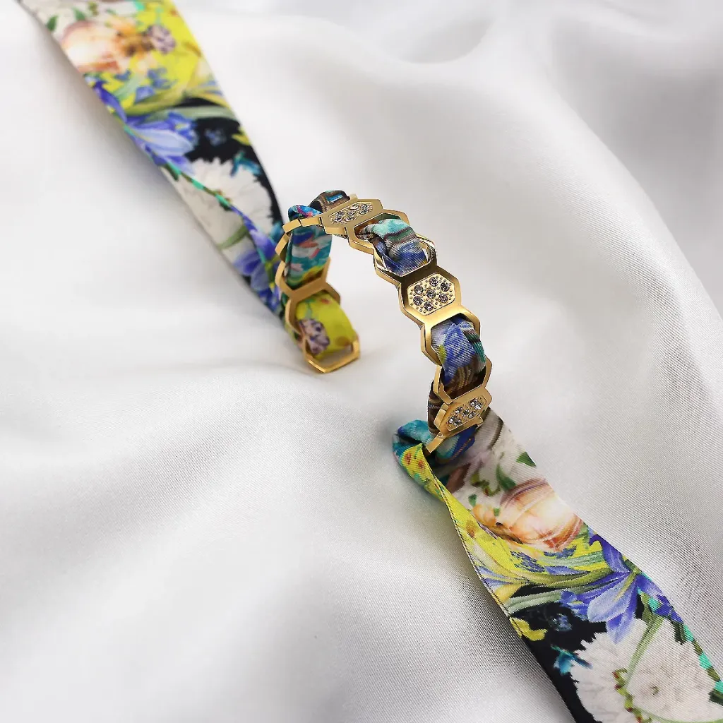 BRACELET ZIRCONIUM OR & SOIE - M8