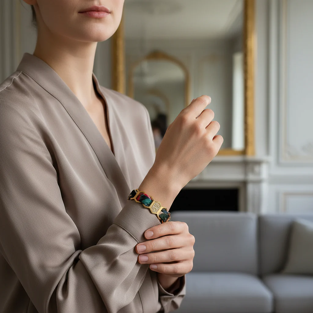 BRACELET ZIRCONIUM OR & SOIE - R11
