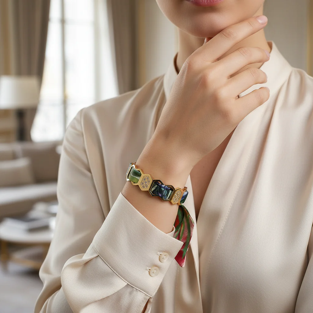 BRACELET ZIRCONIUM OR & SOIE - R7