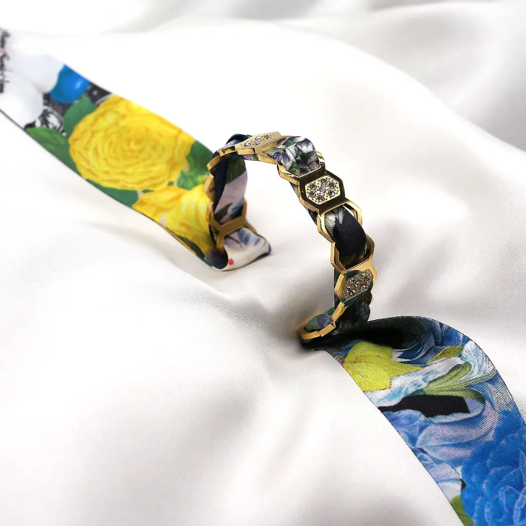BRACELET ZIRCONIUM OR & SOIE - W6
